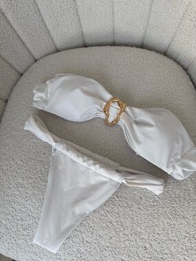 White Bandeau Bikini with Gold Ring Accent